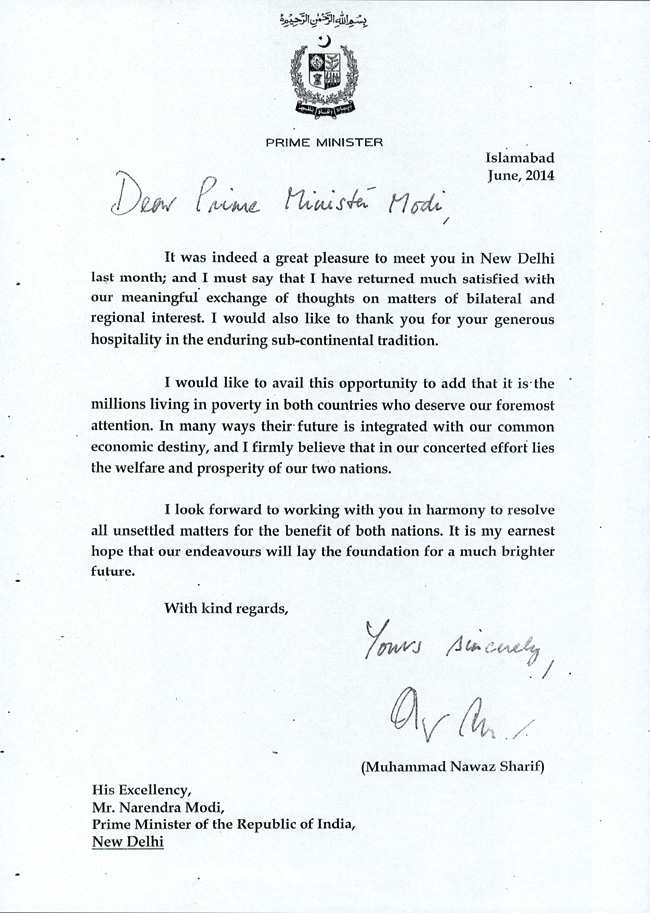 Nawaz Sharifs Letter To Narendra Modi Full Text