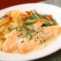 Poached Salmon with Prawns