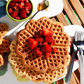 Whole Grain Waffles with Strawberry Rhubarb Topping